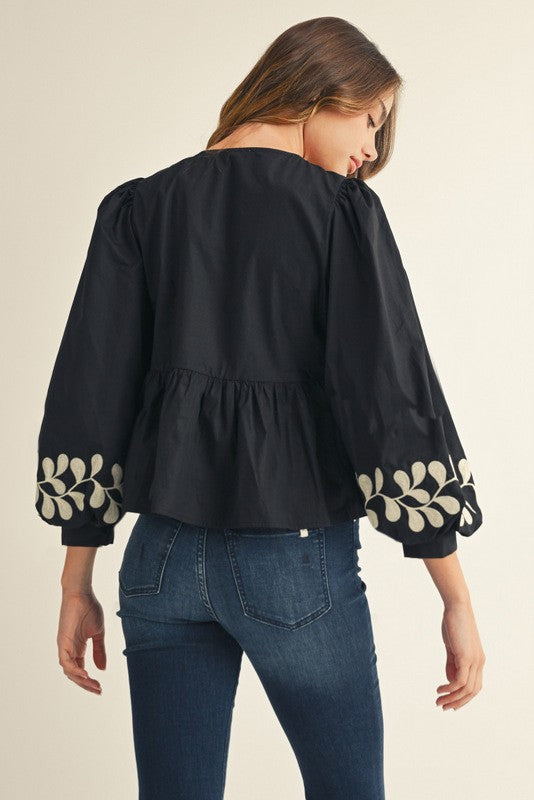 Front Bow Tie Embroidered Peplum Top