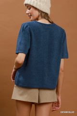 Blue Short Sleeve Button front Sweater