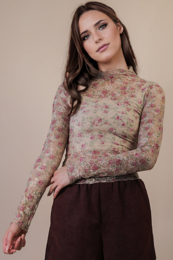 Beige Floral Lace Knit Top