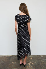 Black Polka Dot Lace Trim Midi Dress