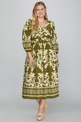 Curvy Olive 3/4 Sleeve Elastic Waist Dress