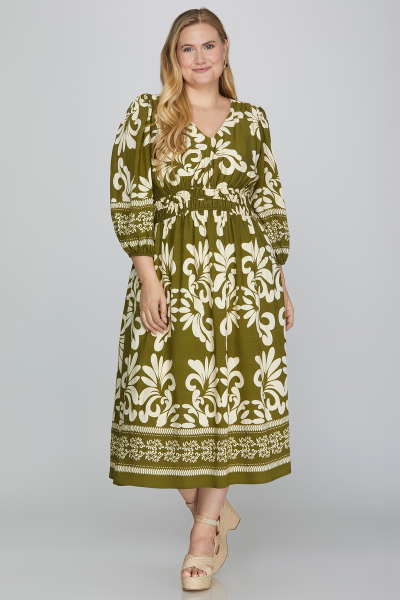 Curvy Olive 3/4 Sleeve Elastic Waist Dress