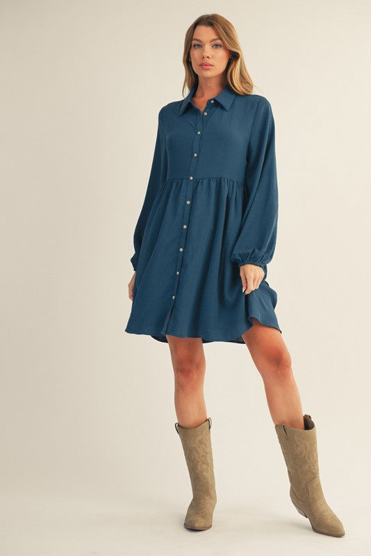 Teal Tiered Button Down Dress
