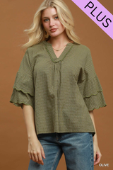 Curvy Olive Checkered Scallop Ruffled Hem Top