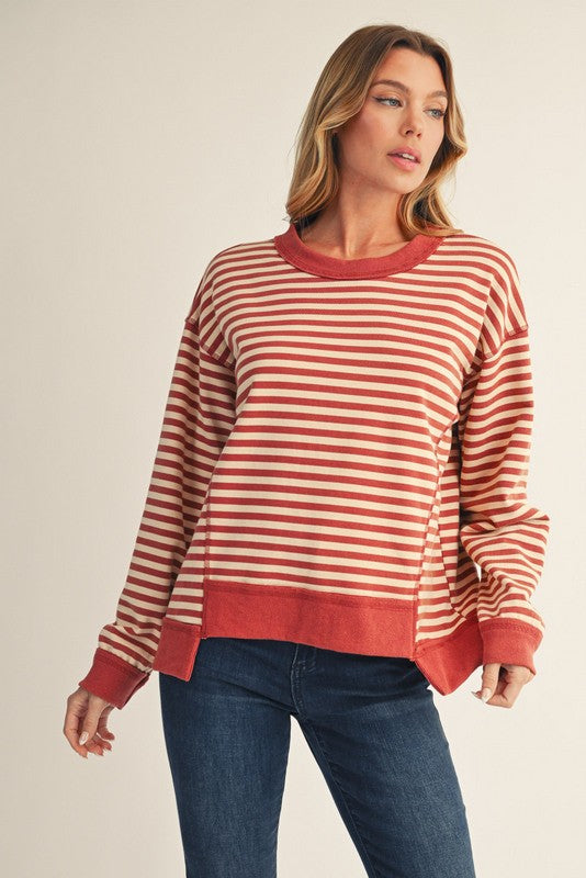 Brick and Ivory Striped Terry Top