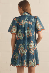 Teal Floral Print Scalloped Trim Dress