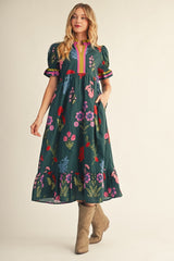 Green Floral Contrast Accent Midi Dress