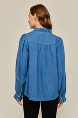 Denim Long Puff Sleeve with Ruffle Detail Top