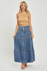 Denim High Rise Ruffle Long Skirt