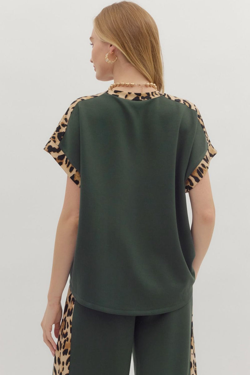 Dark Green Short Sleeve Knit W/ Leopard Contrast