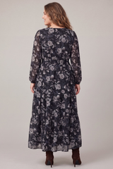 Curvy Black Floral Long Sleeve Maxi Dress