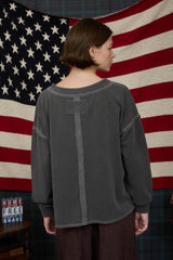 Washed Exposed Seam Side Slit Long Sleeve Top