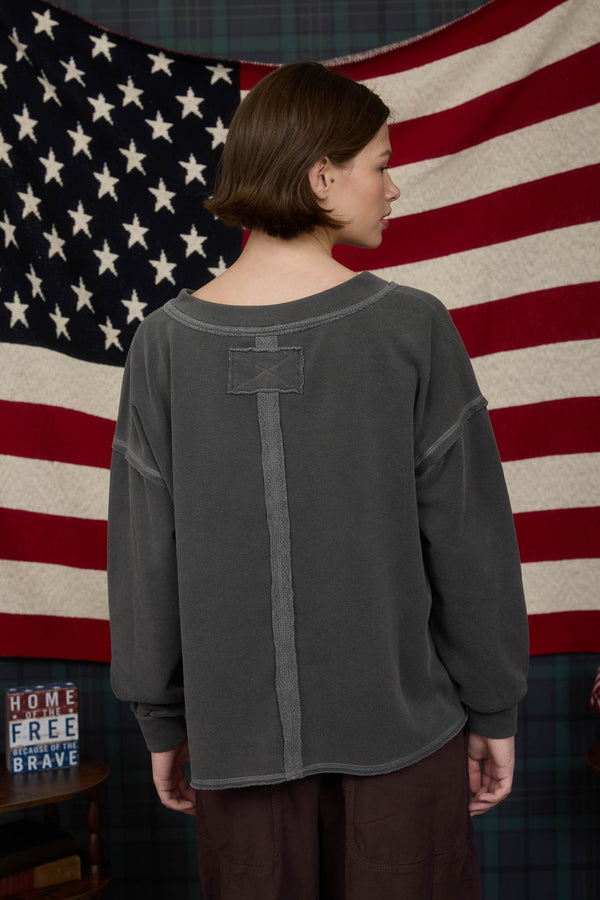 Washed Exposed Seam Side Slit Long Sleeve Top