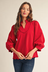 3/4 Puff Sleeve V Neck Scallop Hem Top