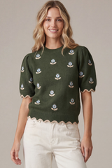 Olive Short Sleeve Flower Embroidery Sweater