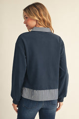 Navy Long Sleeve Contrast Stripe Top