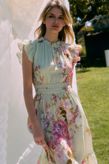 Curvy Mint Floral Flutter Sleeve Dress