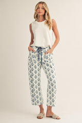 Drawstring Waist Blue Baroque Floral Barrel Pants