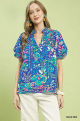 Blue Multi Color Floral Print Flutter Sleeve Top