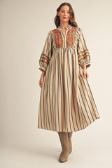 Oatmeal Floral Striped Embroidered Midi Dress