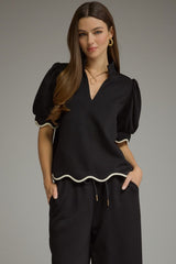 Black Scallop Trim Sleeves and Hem Top