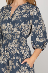 Dusty Blue Floral V-Neck Dress