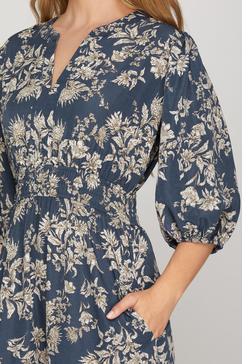 Dusty Blue Floral V-Neck Dress