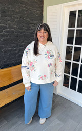 Curvy Ivory Floral Long Sleeve Hooded Pullover