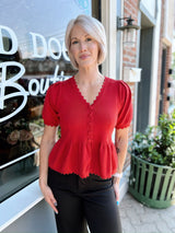 Brick Scalloped Edge Peplum Short Sleeve Sweater