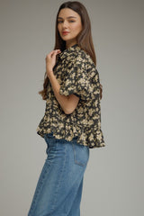 Black Floral Print Puff Sleeve Top