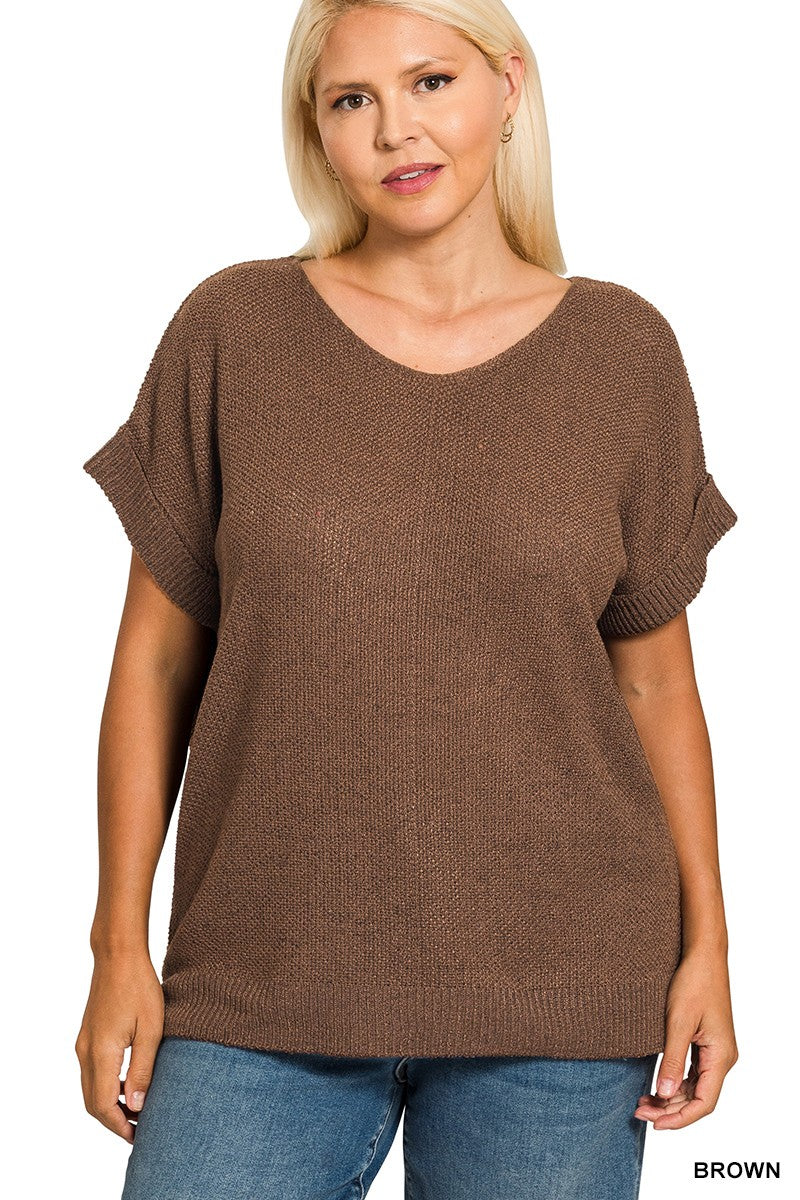 Curvy Short Sleeve Sweater With Center Seam