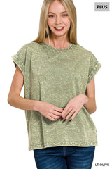 Curvy Crinkle Washed Round Neck Rolled Sleeve Tee