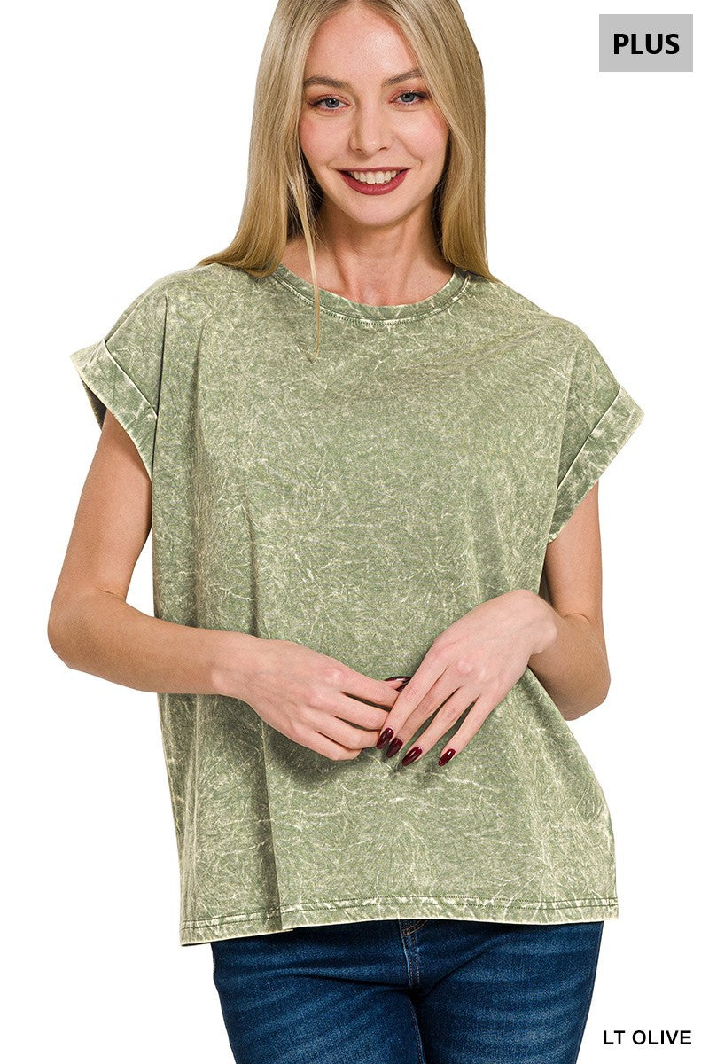 Curvy Crinkle Washed Round Neck Rolled Sleeve Tee