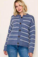 High Neck Double Pocket Texture Stripe Cardigan