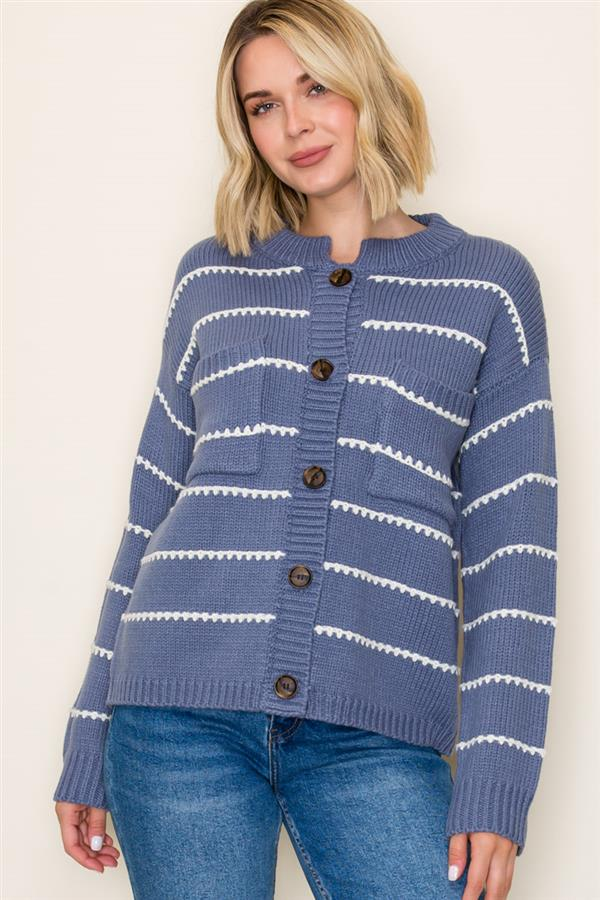 High Neck Double Pocket Texture Stripe Cardigan