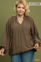 Curvy Brown Polka Dot V- Neck Bubble Hem Top