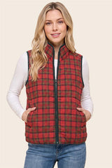 Red Plaid Zip Up Puffer Vest