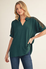 Green Leopard Contrast Shoulder Detail Top