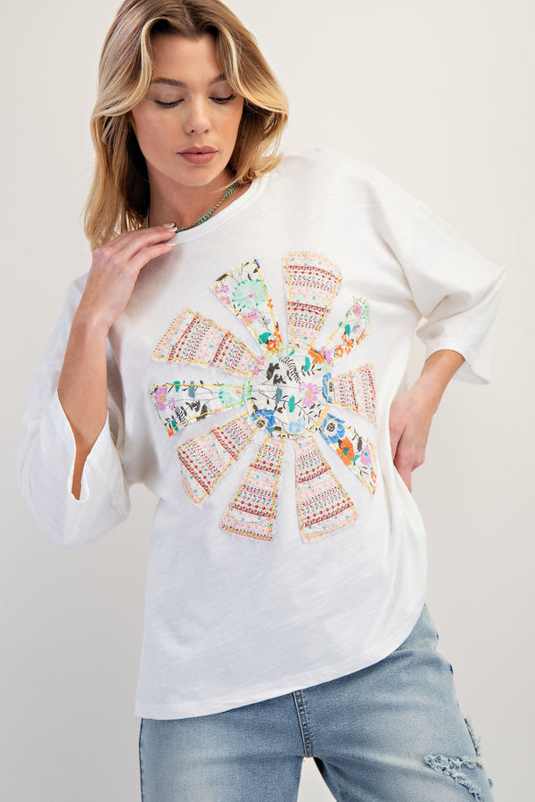 Curvy White 3/4 Sleeve Top with Raw Cut Sun Patchwork