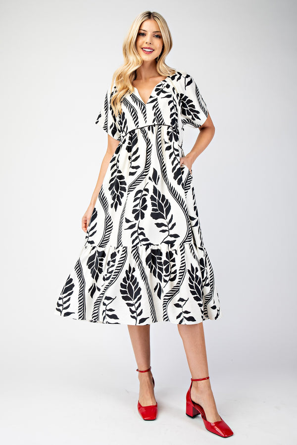 White V-Neck Leaf Printed Midi Dress