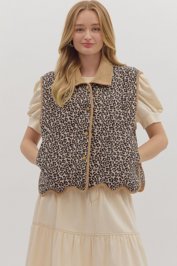 Leopard Button Up Quilted Vest