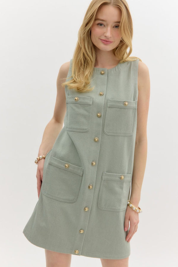 Green Dress W/ Pockets & Gold Buttons
