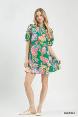 Emerald Paisley Print Banded Sleeve Dress