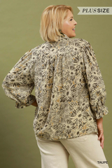 Curvy Taupe Floral Print Button Down Lace Trim Top