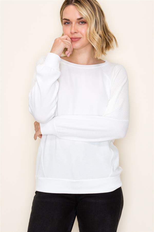 White Ribbed Textured Crewneck Top