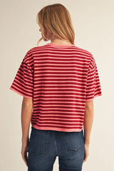 Striped Short Sleeve Front Button Sweater