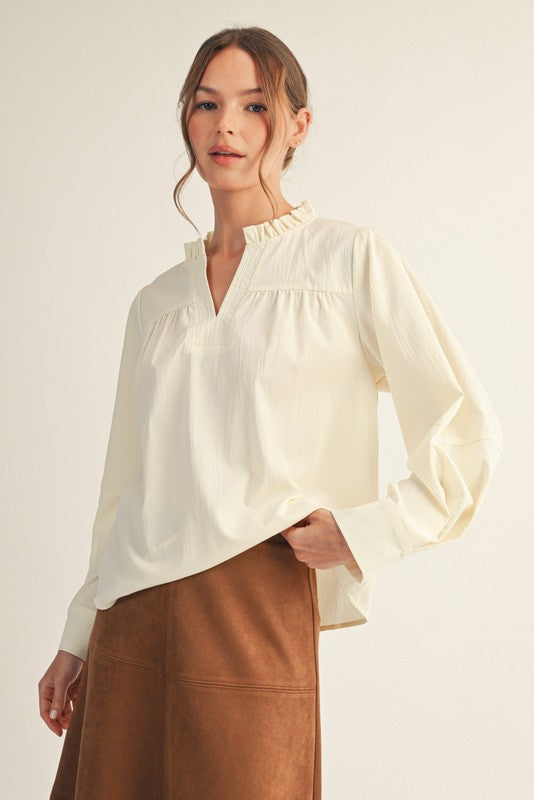 Cream Pleated Long Sleeve Top