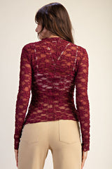 Wine Long Sleeve Popcorn Lace Fitted Top
