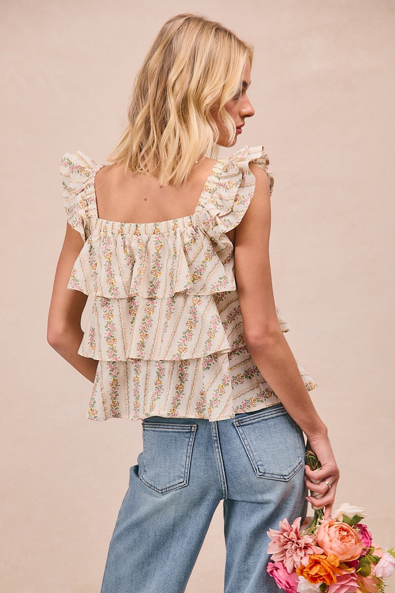 Floral Printed Ruffled Top with Pink Bow