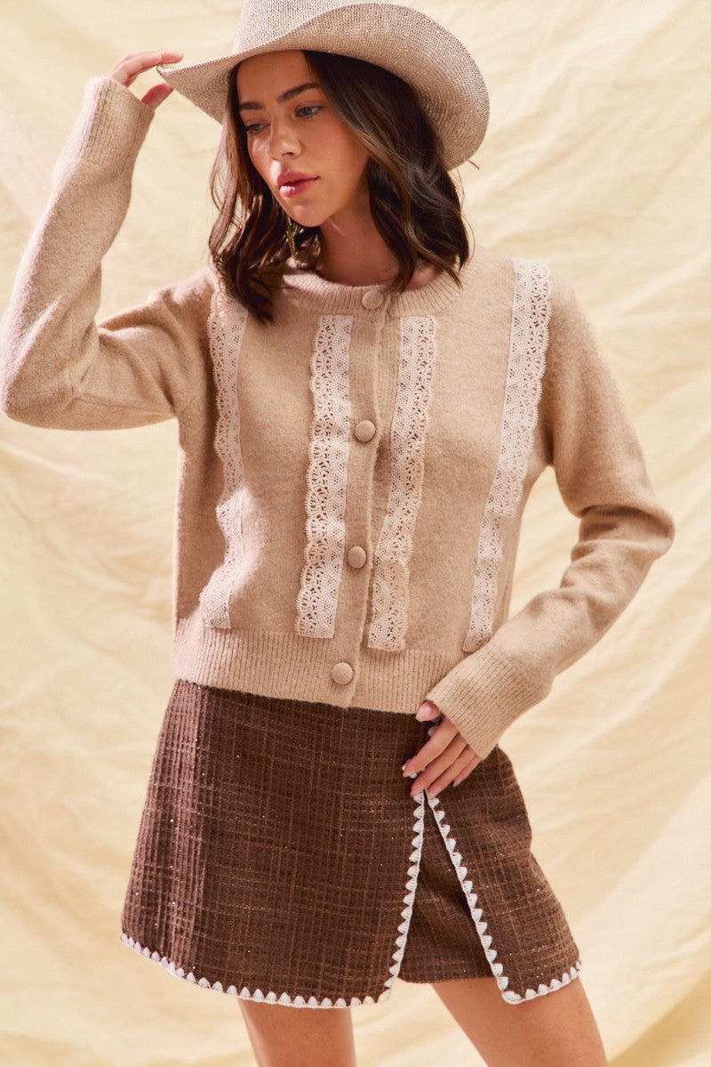 Oatmeal Front Lace Trim Cardiagn